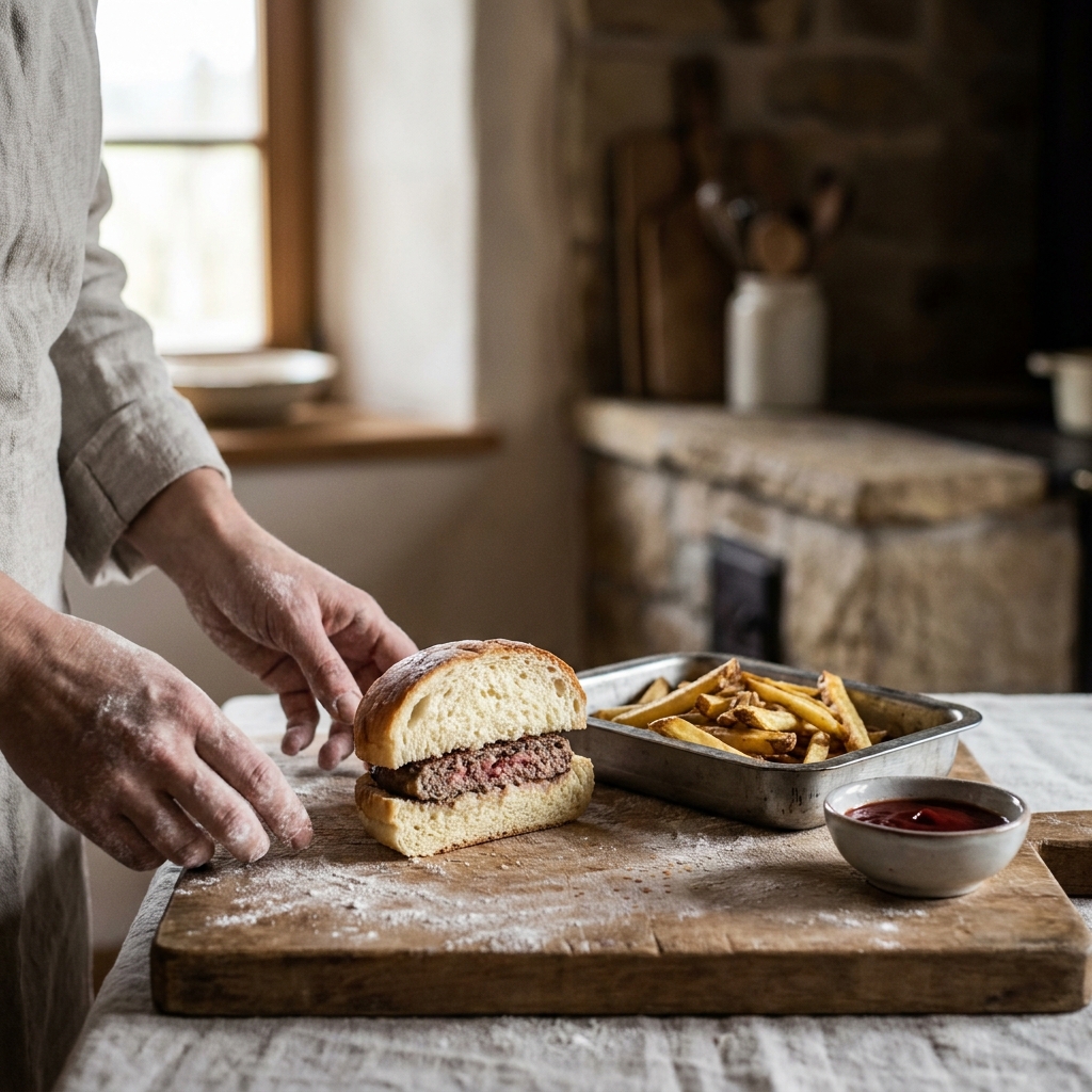 Moodboard: warmes Mittagslicht, Hände, Brot, rote Hausssauce